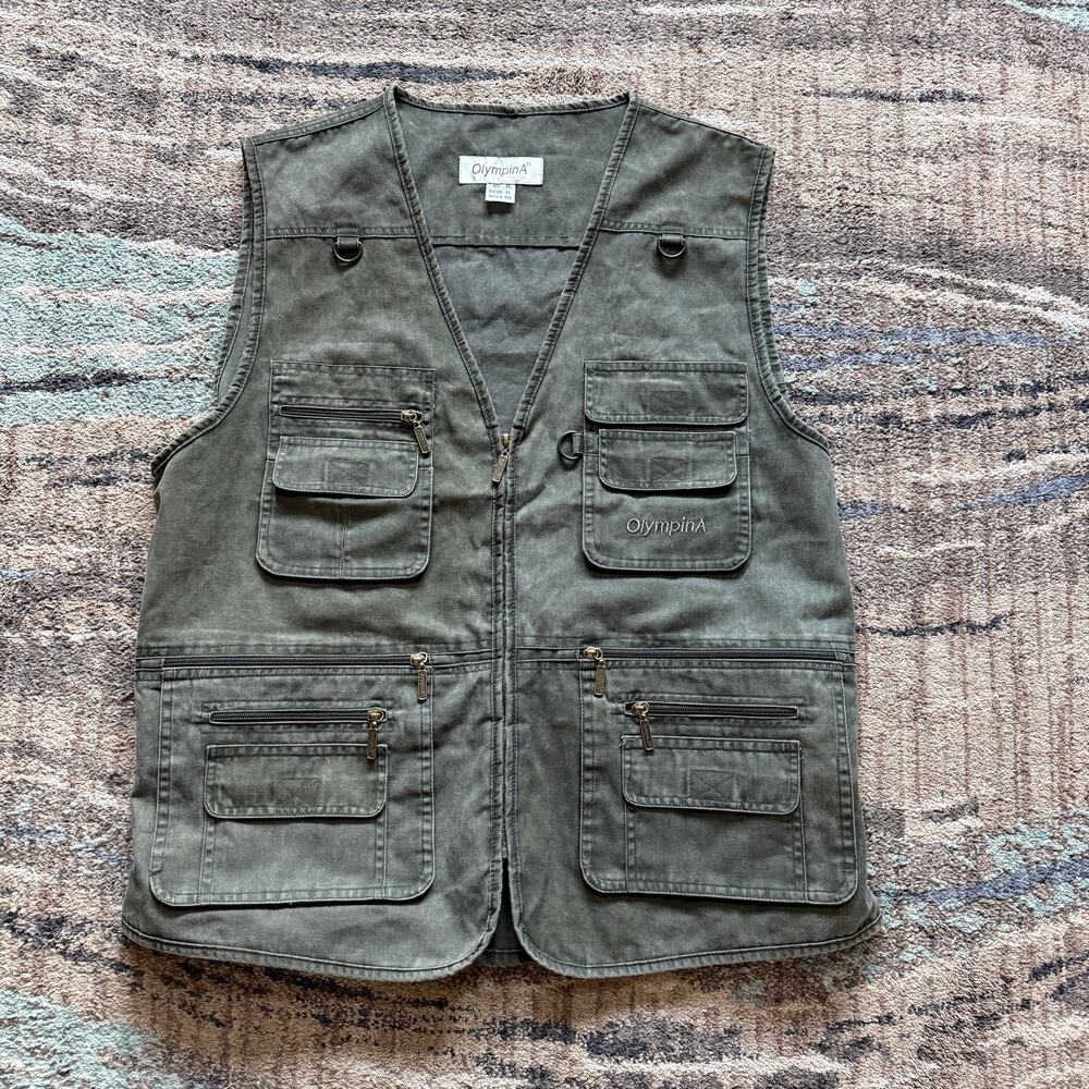 Men's OlympinA Green Zip Up 8-Pocket Outdoor Hunting Utility Fishing Vest Sz XL